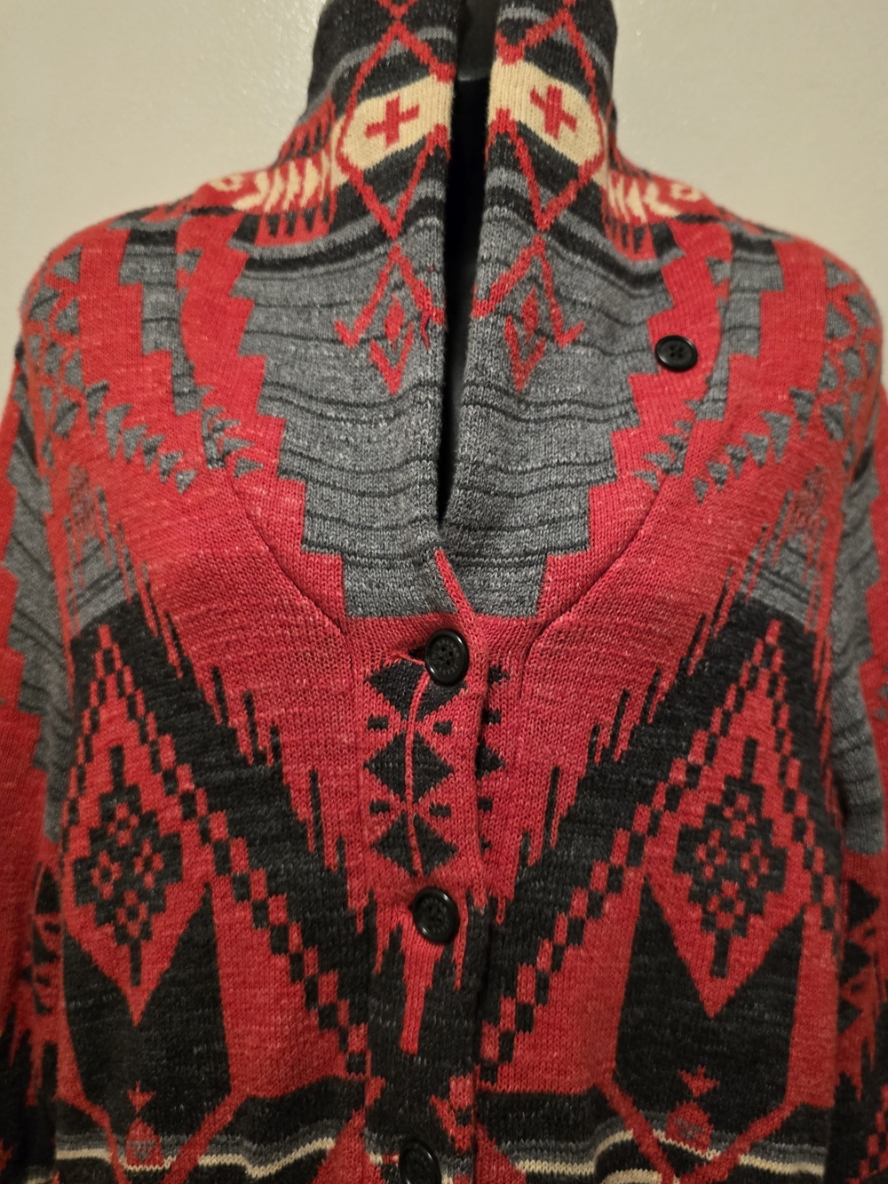 Lauren Ralph Lauren Red and Gray Aztec Shawl-Collar Button Cardigan - Picture 6 of 7